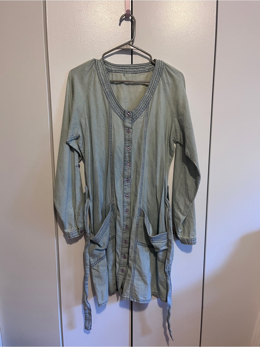 Acid Wash Blue Cotton Utility Shirt Dress Purple Buttons Size M